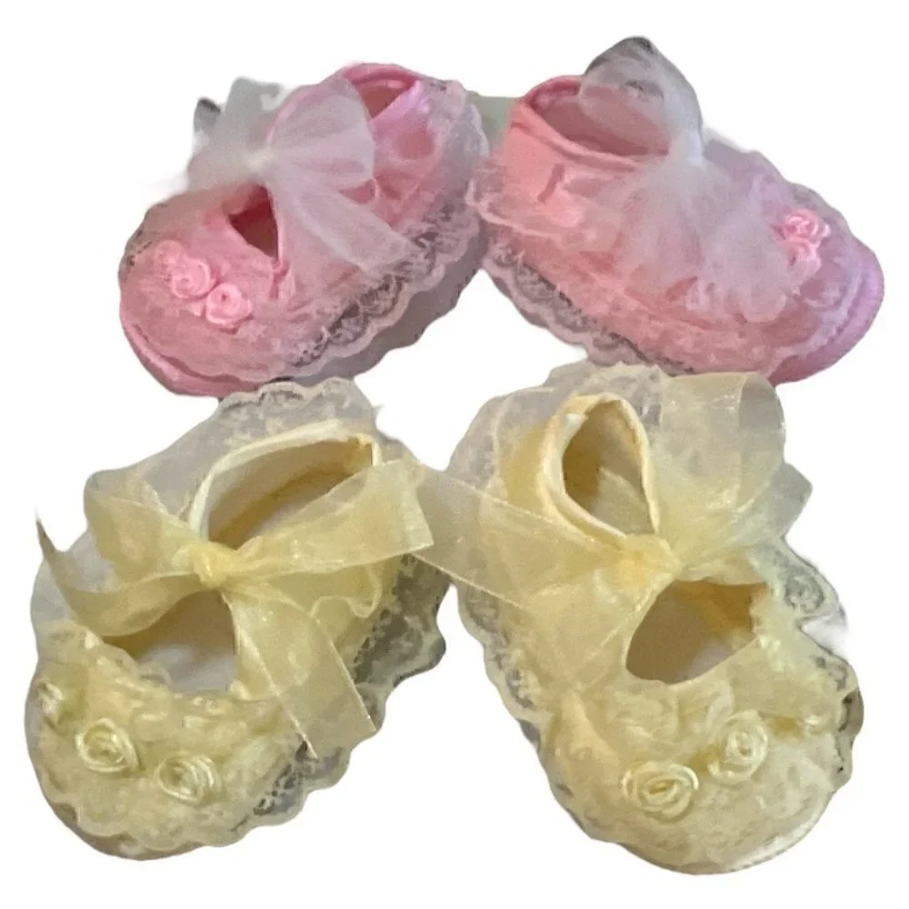 2 Pr Pink & Yellow Lace Satin Soft Baby Crib Christening Baptism Easter Shoes